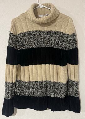 Vintage North Crest Large Striped Chenille Knit Cowl Turtleneck Sweater L Wniter